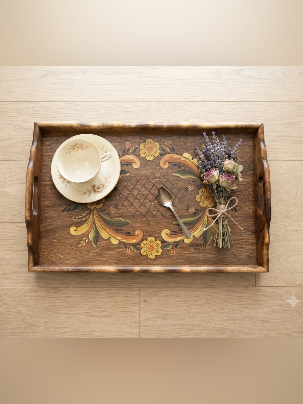 VNTG 1977 Signed Vermont Wood Specialties Rosemaling Serving Tray Hand Painted